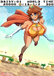 Rule 34 | 1girl, bare shoulders, blue eyes, blue sky, breasts, brown hair, cape, cleavage cutout, clothing cutout, coin, collarbone, crown, dark-skinned female, dark skin, day, desert, elbow gloves, flying, gloves, grin, high heels, highleg, highleg leotard, highres, huge breasts, leotard, looking at viewer, mario (series), nintendo, palm tree, princess daisy, pyramid (structure), short hair, sideboob, sky, smile, solo, super mario land, tonshirou (christar), tree, white gloves