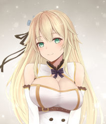 Rule 34 | 1girl, aurora (azur lane), azur lane, bare shoulders, black ribbon, blonde hair, blush, breasts, buckle, buttons, cleavage, cleavage cutout, closed mouth, clothing cutout, detached sleeves, double-breasted, dress, gradient background, green eyes, hair between eyes, hair flaps, hair ornament, hair ribbon, head tilt, highres, jewelry, large breasts, light particles, long hair, looking at viewer, qiye luoying, ribbon, sidelocks, simple background, smile, solo, torso, upper body, very long hair