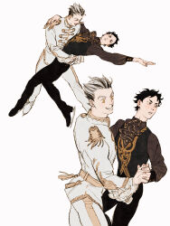 Rule 34 | 2boys, akaashi keiji, arm around shoulder, ascot, black eyes, black hair, black pants, black vest, bokuto koutarou, brown ascot, chengongzi123, closed eyes, commentary, epaulettes, facing another, frilled sleeves, frills, full body, grey hair, grey jacket, grey pants, haikyuu!!, hands up, highres, holding hands, ice skates, ice skating, jacket, long sleeves, looking at viewer, male focus, multicolored hair, multiple boys, multiple views, open mouth, outstretched arm, pants, parted lips, puffy long sleeves, puffy sleeves, short hair, simple background, skates, skating, standing, streaked hair, symbol-only commentary, tassel, thick eyebrows, torso grab, very short hair, vest, white background