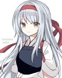 Rule 34 | 1girl, brown eyes, fathom, headband, highres, japanese clothes, kantai collection, long hair, looking at viewer, muneate, red headband, shoukaku (kancolle), silver hair, simple background, smile, solo, tasuki, twitter username, upper body, white background