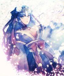 Rule 34 | 1girl, arms at sides, blue eyes, blue hair, blurry, blurry background, breasts, cleavage, dress, garchomp, hair ornament, jewelry, long hair, long sleeves, moe (hamhamham), necklace, personification, petals, pokemon, solo, standing