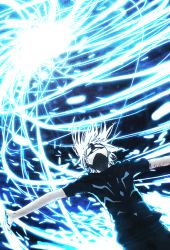 Rule 34 | 1boy, accelerator (toaru majutsu no index), action, black shirt, colorized, commentary, electricity, electrokinesis, energy, fantasy, feet out of frame, from below, gazing eye, glowing, grin, haimura kiyotaka, highres, looking up, medium hair, night, nose, novel illustration, official art, outdoors, outstretched arms, psychic, science fiction, shirt, short sleeves, smile, solo, striped clothes, striped shirt, teeth, toaru majutsu no index, toaru majutsu no index: old testament, upper body, white hair, wind