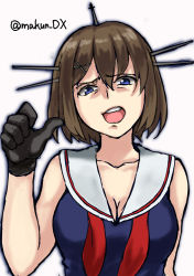 Rule 34 | 1girl, black gloves, blue eyes, breasts, brown hair, cleavage, commentary request, gloves, hair ornament, hairclip, headgear, kantai collection, looking at viewer, maakun (makun dx), maya (kancolle), medium breasts, neckerchief, one-hour drawing challenge, open mouth, pointing, pointing at self, red neckerchief, sailor collar, school uniform, serafuku, short hair, simple background, sleeveless, solo, teeth, twitter username, upper body, upper teeth only, white background, white sailor collar, x hair ornament