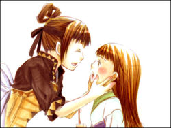 Rule 34 | 2girls, :d, armor, blush, brown hair, closed eyes, gensou suikoden, gensou suikoden v, logicon, long hair, lowres, lymsleia falenas, miakis (suikoden), multiple girls, open mouth, simple background, smile, toothbrush, white background