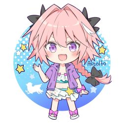 Rule 34 | 1boy, :d, astolfo (fate), astolfo (sparkling frills) (fate), bikini, black bow, blue bikini, blush, bow, braid, character name, chibi, commentary request, fang, fate/extella, fate/extella link, fate/extra, fate (series), floating hair, full body, hair between eyes, hair bow, hair intakes, hand up, highres, kusumoto touka, long hair, looking at viewer, male focus, multicolored hair, official alternate costume, open mouth, pink bow, pink hair, print skirt, purple eyes, single braid, skin fang, skirt, smile, solo, standing, star (symbol), star print, streaked hair, swimsuit, trap, v-shaped eyebrows, white background, white footwear, white skirt, wrist bow