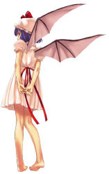 Rule 34 | 1girl, arms behind back, barefoot, bat wings, blue hair, bow, dress, feet, female focus, full body, hat, kirisato itsuki, legs, looking back, red eyes, remilia scarlet, ribbon, short hair, simple background, solo, standing, touhou, upright, white background, wings
