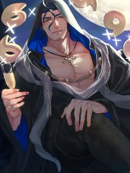 Rule 34 | 1boy, animal skull, bara, blue hair, champagne flute, commentary, crossed legs, cup, dark blue hair, drinking glass, facial hair, full moon, goatee, hair between eyes, halo, halo behind head, highres, hooded robe, jewelry, large pectorals, magatama, male focus, moon, muscular, muscular male, necklace, night, night sky, open clothes, open mouth, open robe, pectorals, robe, shiratori yokikana, short hair, skull necklace, sky, smile, solo, sparkle, stubble, tokyo houkago summoners, tsukuyomi (housamo), yellow eyes