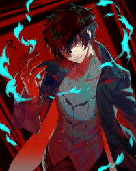 Rule 34 | 10s, 1boy, amamiya ren, black hair, blue fire, copyright name, fire, looking at viewer, lor968, male focus, persona, persona 5, short hair, solo