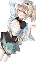 Rule 34 | 1girl, absurdres, bandages, black leotard, blonde hair, blue eyes, blush, breasts, choker, cleavage, cloud print, collarbone, commentary request, covered navel, crossed bangs, dot nose, facing viewer, frilled skirt, frills, hand on own head, highres, hololive, jacket, kazama iroha, leotard, looking at viewer, mawata0618, medium breasts, off shoulder, open clothes, open jacket, open mouth, ponytail, print skirt, ribs, see-through, see-through leotard, skirt, solo, thigh strap, thighhighs, virtual youtuber, white background, white thighhighs, yellow choker