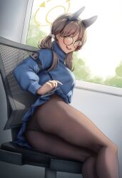 1girl absurdres animal_ears black-framed_eyewear black_panties blue_archive blue_skirt blue_sweater blush brown_hair brown_pantyhose fake_animal_ears feet_out_of_frame gileu glasses halo highres legs looking_at_viewer moe_(blue_archive) panties panties_under_pantyhose pantyhose rabbit_ears round_eyewear school_uniform sitting skirt solo sweater twintails underwear