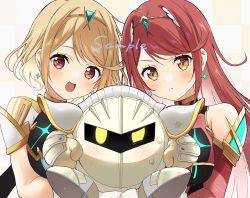 Rule 34 | 2girls, :&lt;, alternate color, armor, blonde hair, blush, breasts, closed mouth, commission, detached sleeves, earrings, headpiece, highres, holding, jewelry, kirby (series), large breasts, long hair, mask, meta knight, multiple girls, mythra (xenoblade), nintendo, orange eyes, red eyes, red hair, rex (xenoblade), sample watermark, sephikowa, short hair, simple background, skeb commission, super smash bros., sweat, swept bangs, watermark, xenoblade chronicles (series), xenoblade chronicles 2