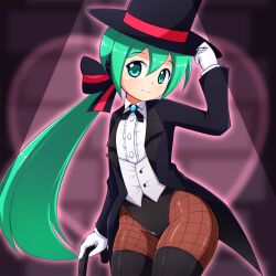 Rule 34 | 1girl, a-ktoo, alternate hairstyle, aqua eyes, aqua hair, black thighhighs, bow, cane, fishnet pantyhose, fishnets, gloves, hair between eyes, hat, hat tip, hatsune miku, leotard, light blush, magician, pantyhose, ponytail, smile, solo, spotlight, striped, striped bow, tailcoat, thighhighs, top hat, vocaloid, white gloves, wide hips