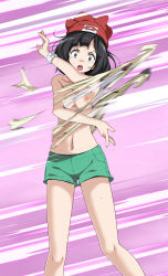 Rule 34 | 1girl, black eyes, black hair, breasts, collarbone, creatures (company), game freak, green shorts, hat, highres, long hair, looking at viewer, motion blur, navel, nintendo, nipples, pokemon, pokemon sm, purple background, red hat, scared, selene (pokemon), short shorts, shorts, small breasts, solo, standing, sweatdrop, tearing clothes, topless, torn clothes, tsukishiro saika, v-shaped eyebrows