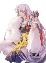 Rule 34 | 1boy, armor, commentary request, crescent, facial mark, fingernails, forehead mark, full body, fur, highres, inuyasha, japanese clothes, lips, long hair, male focus, pointy ears, sesshoumaru, silver hair, sitting, solo, sword, tanu0706, very long hair, weapon, white background, yellow eyes