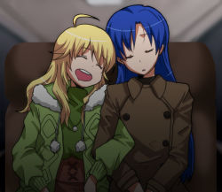 Rule 34 | 2girls, :o, ahoge, blonde hair, blue hair, buttons, coat, double-breasted, drooling, closed eyes, fur collar, hoshii miki, idolmaster, idolmaster (classic), kidachi, kisaragi chihaya, locked arms, long hair, multiple girls, open mouth, sleeping, trench coat, winter clothes, winter coat