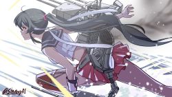 Rule 34 | 1girl, action, black hair, blurry, commentary, day, gloves, hair ornament, hair scrunchie, headband, highres, kantai collection, leaning forward, long hair, midriff, miniskirt, one-hour drawing challenge, outdoors, pink scrunchie, pleated skirt, ponytail, projectile trail, red eyes, red skirt, red thighhighs, rigging, school uniform, scrunchie, serafuku, shinmai (kyata), shirt, skirt, sleeveless, sleeveless shirt, solo, splashing, standing, standing on liquid, thighhighs, tracer ammunition, projectile trail, twitter username, very long hair, water, water drop, white gloves, white headband, white shirt, wind, yahagi (kancolle)