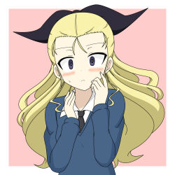Rule 34 | 1girl, assam (girls und panzer), black necktie, black ribbon, blonde hair, blue eyes, blue sweater, blush, closed mouth, commentary, dress shirt, embarrassed, frown, girls und panzer, hair pulled back, hair ribbon, highres, ichinose jun, long hair, long sleeves, looking at viewer, necktie, outside border, pink background, ribbon, school uniform, shirt, solo, st. gloriana&#039;s school uniform, sweatdrop, sweater, upper body, v-neck, white shirt, wing collar
