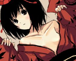 Rule 34 | 1girl, bare shoulders, black hair, blush, breasts, cleavage, collarbone, female focus, hamayumiba sou, hat, japanese clothes, kimono, looking at viewer, lowres, off shoulder, parted lips, shameimaru aya, short hair, sleeves past wrists, small breasts, solo, touhou