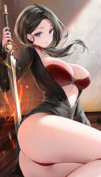 Rule 34 | 1girl, absurdres, bikini, black hair, black shirt, blue eyes, breasts, choker, cleavage, fire, flaming sword, flaming weapon, floating hair, forehead, hair flaps, hand up, heart, highres, holding, holding sword, holding weapon, large breasts, leaning to the side, lillly, long hair, long sleeves, looking at viewer, low ponytail, magic, navel, open mouth, original, parted hair, partially unbuttoned, red bikini, red choker, shirt, sidelocks, sitting, smile, swimsuit, sword, thighs, weapon