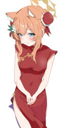 1girl absurdres animal_ear_fluff animal_ears blue_archive blue_eyes blush cat_ears cat_girl china_dress chinese_clothes d_(delt4) dress flower hair_between_eyes hair_bun hair_flower hair_ornament highres long_hair looking_at_viewer mari_(blue_archive) navel orange_hair own_hands_together red_dress red_ribbon ribbon sidelocks sitting smile tight_clothes tight_dress white_flower