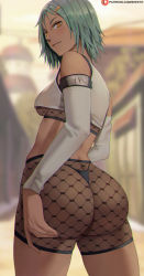 Rule 34 | 1girl, aqua hair, ass, bad id, bad twitter id, bare shoulders, black panties, blurry, blurry background, breasts, building, closed mouth, commentary, cowboy shot, cropped shirt, dark-skinned female, dark skin, day, detached sleeves, fishnets, from behind, fuu (naruto), hair ornament, hairclip, highres, looking at viewer, looking back, naruto (series), naruto shippuuden, orange eyes, outdoors, panties, patreon logo, patreon username, see-through, see-through shorts, shexyo, shirt, short hair, shorts, sleeveless, sleeveless shirt, small breasts, solo, thighs, thong, tree, underwear, watermark, web address, white shirt