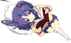 Rule 34 | 00s, barefoot, book, clannad, feet, hair bobbles, hair ornament, ichinose kotomi, ixy, open book, pillow, purple eyes, purple hair, reading, school uniform, solo, twintails, two side up