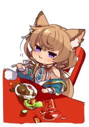 Rule 34 | 1girl, animal ear fluff, brown hair, character request, closed mouth, food, highres, long hair, mota, simple background, solo, white background