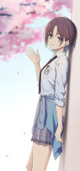 Rule 34 | 1girl, asakura toru, black necktie, blue cardigan, blue eyes, blurry, blurry background, blush, branch, breasts, brown hair, cardigan, cardigan around waist, cherry blossoms, clothes around waist, collared shirt, depth of field, earrings, grey skirt, hand up, highres, idolmaster, idolmaster shiny colors, jewelry, necktie, parted bangs, parted lips, petals, pleated skirt, school uniform, shirt, short hair, short sleeves, skirt, small breasts, smile, solo, tobade (tbdfactory), white shirt