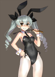 Rule 34 | 10s, 1girl, anchovy (girls und panzer), animal ears, bare shoulders, black necktie, blush, breasts, brown eyes, cowboy shot, detached collar, drill hair, fake animal ears, girls und panzer, grey background, grin, hair ribbon, katahira masashi, leotard, long hair, looking at viewer, necktie, pantyhose, playboy bunny, rabbit ears, rabbit tail, ribbon, riding crop, silver hair, simple background, smile, solo, tail, twin drills, twintails, white pantyhose, wrist cuffs