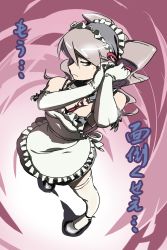Rule 34 | 1girl, absurdres, bare shoulders, elbow gloves, geister, gloves, highres, long hair, maid, maid headdress, original, red eyes, silver hair, simple background, solo, standing, thighhighs