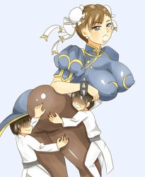 Rule 34 | 1girl, 2boys, artist request, ass, ass grab, blush, bracelet, breasts, brown eyes, brown hair, bun cover, capcom, china dress, chinese clothes, chun-li, covered erect nipples, deep skin, dress, earrings, faceless, faceless male, groping, huge ass, huge breasts, jewelry, multiple boys, open mouth, pantyhose, puffy short sleeves, puffy sleeves, shiny clothes, short sleeves, spiked bracelet, spikes, street fighter