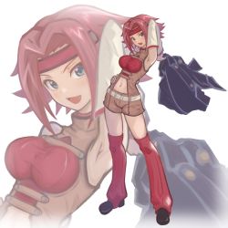 Rule 34 | 1girl, belt, black jacket, blue eyes, breasts, brown shirt, brown shorts, clothing cutout, code geass, detached sleeves, full body, headband, highres, holding, holding clothes, holding jacket, jacket, jacket over shoulder, unworn jacket, kouzuki kallen, kore (kore), large breasts, midriff, navel, navel cutout, open mouth, red hair, red thighhighs, shirt, short hair, shorts, solo, thighhighs, turtleneck, white background, white belt, white sleeves, zoom layer