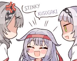 Rule 34 | 3girls, anger vein, blush stickers, braid, closed eyes, commentary, english commentary, english text, face jewel, grey hair, gym shirt, hair flaps, headband, highres, hololive, hololive english, insult, koseki bijou, kukie-nyan, long hair, looking at another, multiple girls, murasaki shion, open mouth, purple hair, red headband, romaji commentary, sakamata chloe, shaded face, shirt, short sleeves, simple background, teeth, upper teeth only, virtual youtuber, white background, yellow eyes