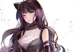 Rule 34 | 1girl, bad id, bad twitter id, black hair, blake belladonna, bow, commentary request, ecru, hair bow, long hair, looking back, rwby, sleeveless, solo, white background, yellow eyes