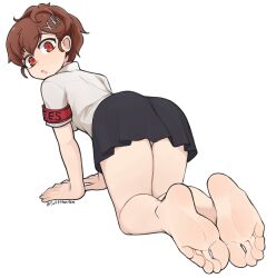 Rule 34 | 1girl, all fours, armband, ass, barefoot, black skirt, blush, breasts, brown hair, commentary, english commentary, eyelashes, feet, foot focus, foreshortening, from behind, full body, gekkoukan high school uniform, hair between eyes, hair ornament, highres, legs, legs together, looking back, medium breasts, miniskirt, open mouth, orange eyes, panties, parted bangs, persona, persona 3, persona 3 portable, pleated skirt, red armband, s.e.e.s, school uniform, shadow, shiomi kotone, shirt, short hair, short sleeves, sidelocks, simple background, skirt, softhanten, soles, solo, thighs, toes, twitter username, underwear, white background, white panties, white shirt, x hair ornament