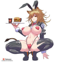 Rule 34 | 1girl, absurdres, animal ear fluff, animal ears, arknights, arm behind back, blonde hair, boots, bow, bowtie, breasts, burger, cup, disposable cup, fake animal ears, female focus, food, full body, fur trim, gluteal fold, hair between eyes, hand up, heart maebari, heart pasties, highres, holding, holding tray, jacket, large breasts, leather, leather boots, leather jacket, lion ears, lion girl, lion tail, looking at viewer, maebari, medium hair, meme attire, navel, orange eyes, parted lips, pasties, patreon username, rabbit ears, red bow, red bowtie, reverse bunnysuit, reverse outfit, sidelocks, siege (arknights), simple background, solo, squatting, stomach, tail, thigh boots, thighhighs, toned, torahime (roland00), tray, white background, zipper pull tab