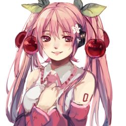 Rule 34 | 1girl, bad id, bad pixiv id, cherry, detached sleeves, food, fruit, hands on own chest, hatsune miku, headphones, highres, kuromugi, long hair, necktie, pink eyes, pink hair, sakura miku, solo, twintails, vocaloid, white background