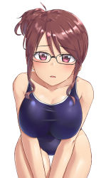 Rule 34 | 1girl, aimobake, bespectacled, black-framed eyewear, blue one-piece swimsuit, breasts, brown hair, covered navel, cowboy shot, glasses, hair bun, highres, idolmaster, idolmaster cinderella girls, large breasts, leaning forward, looking at viewer, mifune miyu, one-piece swimsuit, purple eyes, school swimsuit, short hair, side bun, sidelocks, simple background, single side bun, solo, standing, swimsuit, thigh gap, v arms, wet, white background