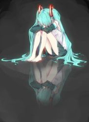 Rule 34 | 1girl, aqua hair, aqua nails, bare shoulders, barefoot, black background, black skirt, black sleeves, covering face, crossed arms, detached sleeves, full body, hair ornament, hatsune miku, head down, knees up, hugging own legs, long hair, miniskirt, mishia, nail polish, pleated skirt, reflection, sad, shirt, sitting, skirt, sleeveless, sleeveless shirt, solo, twintails, very long hair, vocaloid, white shirt