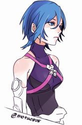 Rule 34 | 1girl, aqua (kingdom hearts), bare shoulders, blue eyes, blue hair, breasts, closed mouth, detached sleeves, kingdom hearts, kingdom hearts birth by sleep, motu0505, short hair, simple background, solo, white background