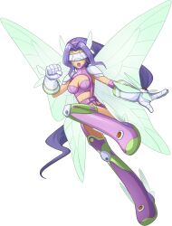 Rule 34 | 1girl, artist request, breasts, digimon, digimon (creature), digimon new century, fairimon, fairy, fairy wings, full body, gloves, highres, leg up, long hair, mask, medium breasts, monster girl, navel, official art, open mouth, purple hair, revealing clothes, simple background, solo, solo focus, wings