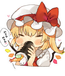 Rule 34 | 1girl, absurdres, blonde hair, blush stickers, bow, chibi, closed eyes, commentary request, eating, ehoumaki, flandre scarlet, food, hat, hat bow, heart, highres, holding, holding food, long hair, makizushi, mg mg, mob cap, niseneko (mofumofu ga ienai), pointy ears, puffy sleeves, red bow, simple background, solo, sushi, tempura, touhou, upper body, white background, white hat, wings