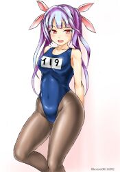 Rule 34 | 1girl, arms behind back, black pantyhose, blue hair, blue one-piece swimsuit, blunt bangs, commentary request, covered navel, cowboy shot, hair ribbon, highleg, highleg swimsuit, i-19 (kancolle), kantai collection, kudou (ooabareteng), long hair, one-piece swimsuit, open mouth, pantyhose, pantyhose under swimsuit, red eyes, ribbon, school swimsuit, solo, swimsuit, tri tails