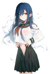 1girl absurdres black_sailor_collar black_skirt blue_hair breasts closed_mouth commentary_request de_yi highres large_breasts long_hair looking_at_viewer navel oar orange_eyes original pleated_skirt red_ribbon ribbon sailor_collar school_uniform serafuku shirt sidelocks simple_background skirt solo standing undressing water water_drop wet wet_clothes wet_shirt white_background