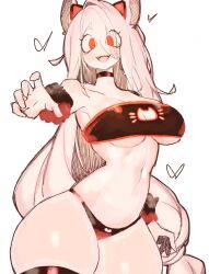 Rule 34 | animal ears, armband, bandeau, blush, breasts, cat cutout, cat ears, cerberus (helltaker), choker, cleavage, clothing cutout, eyes visible through hair, fake animal ears, helltaker, highres, large breasts, long hair, looking at viewer, midriff, navel, panties, reaching, reaching towards viewer, red eyes, smile, thick thighs, thighhighs, thighs, underboob, underwear, usa37107692, very long hair, white hair, wide hips, wolf ears, wolf girl
