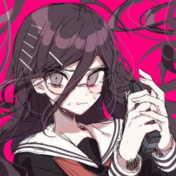 Rule 34 | 1girl, brown eyes, brown hair, commentary request, danganronpa: trigger happy havoc, danganronpa (series), floating hair, fukawa toko, glasses, hair between eyes, hair ornament, hairclip, holding, long hair, long sleeves, looking at viewer, mole, mole under mouth, own hands together, patzzi, pink background, round eyewear, sailor collar, school uniform, serafuku, simple background, sketch, solo, upper body, white sailor collar