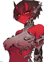 Rule 34 | 1girl, :3, black hair, blush, breasts, colored skin, covered erect nipples, elbow gloves, fang, fang out, gloves, horns, kidouko (zakusi), large breasts, looking at viewer, oni, oni horns, orange eyes, original, red oni, red skin, robot ears, short hair, signature, simple background, smile, solo, thick eyebrows, white background, zakusi