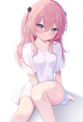 Rule 34 | 1girl, breasts, hair between eyes, highres, inui sajuna, long hair, looking at viewer, medium breasts, mikaze oto, pink hair, purple hair, shirt, short sleeves, simple background, sitting, solo, sono bisque doll wa koi wo suru, t-shirt, thighs, white background, white shirt