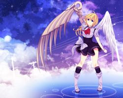 Rule 34 | 1girl, angel, angel wings, ascot, asymmetrical wings, blonde hair, blue eyes, borrowed character, bow, cassie (acerailgun), cloud, cloudy sky, cyborg, feathered wings, full body, knees together feet apart, mechanical arms, mechanical wings, original, power lines, seishiki, silhouette, single mechanical arm, skirt, sky, smile, solo, standing, standing on liquid, star (sky), starry sky, wings
