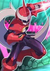 Rule 34 | 1boy, arm blade, arm up, black bodysuit, bodysuit, boots, commentary request, glint, green background, helmet, highres, leg up, long hair, looking at viewer, male focus, mega man (series), mega man battle network, mega man battle network (series), motion lines, netnavi, outline, ponytail, protoman.exe, red footwear, red headwear, solo, tesshii (riza4828), very long hair, visor, weapon, white hair, white outline